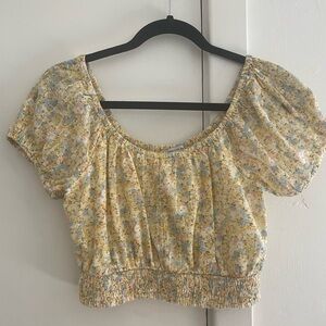 American Eagle Outfitters Yellow Cotton Floral Puff-Sleeve Crop Top